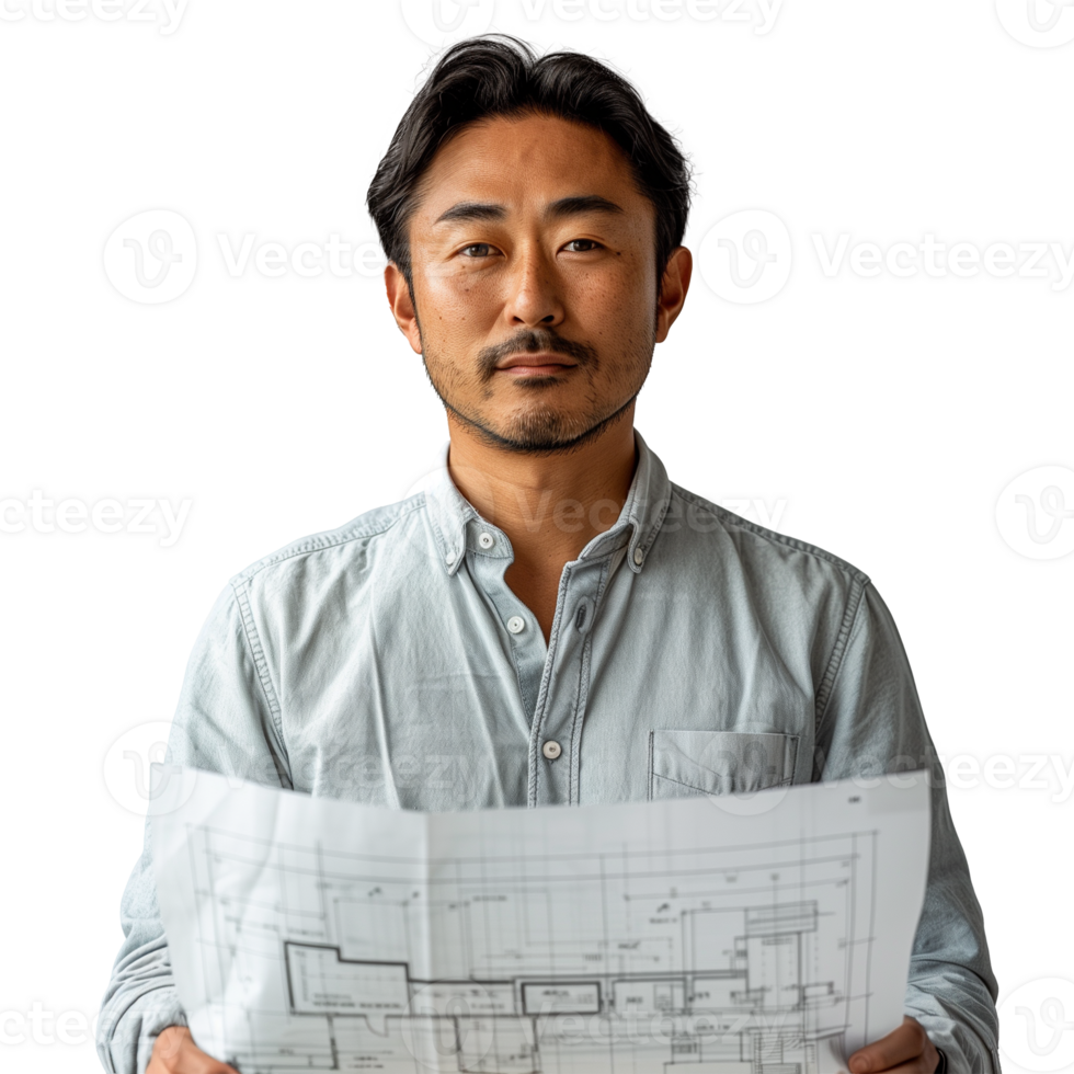 Architect holding building plans with a serious expression png