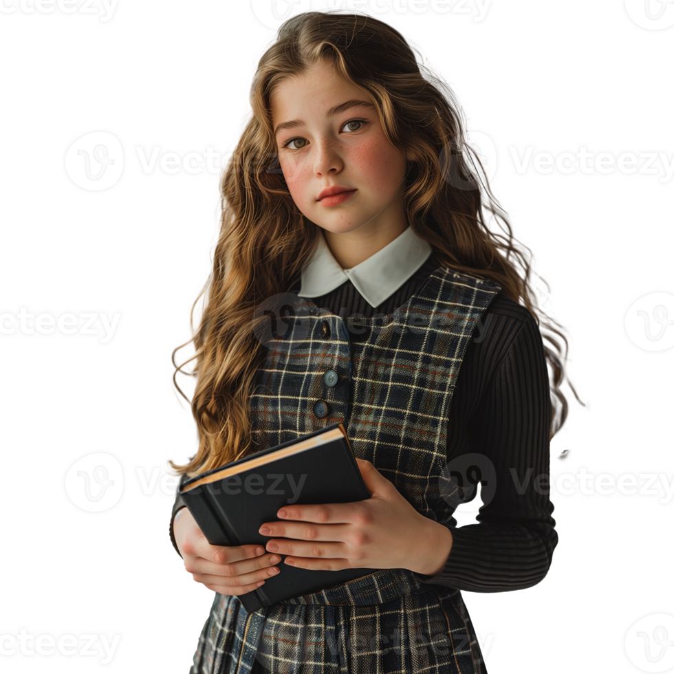 Young girl in plaid dress holding a book on a transparent background png