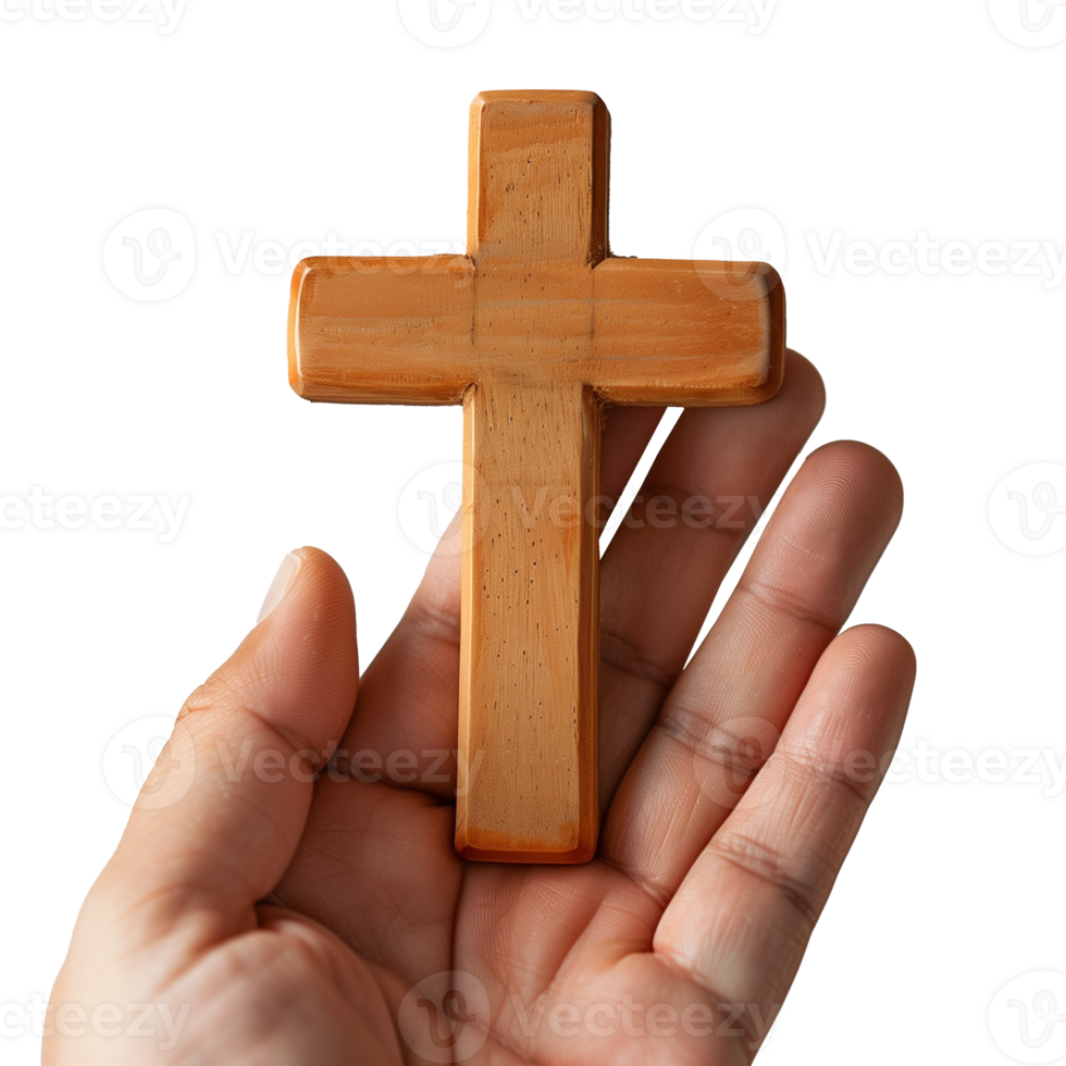 Hand holding a wooden cross on a transparent background png