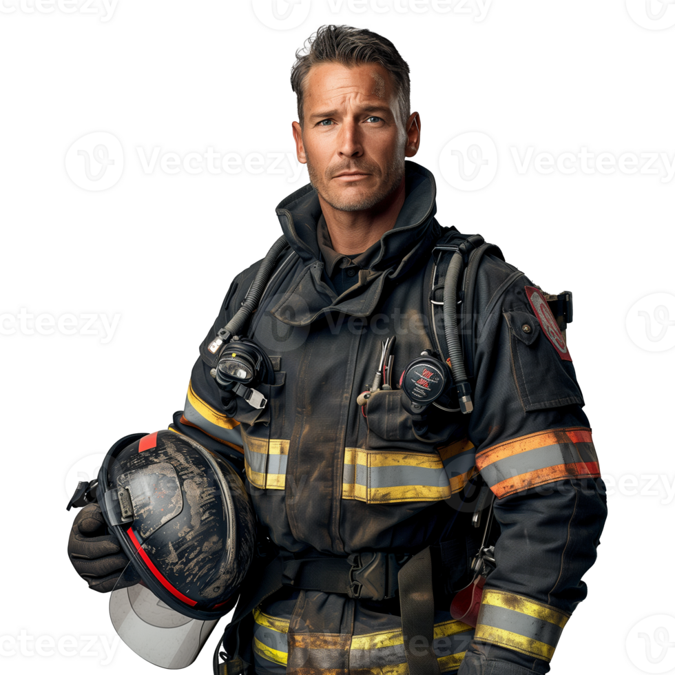 Confident firefighter with helmet and gear on transparent background png