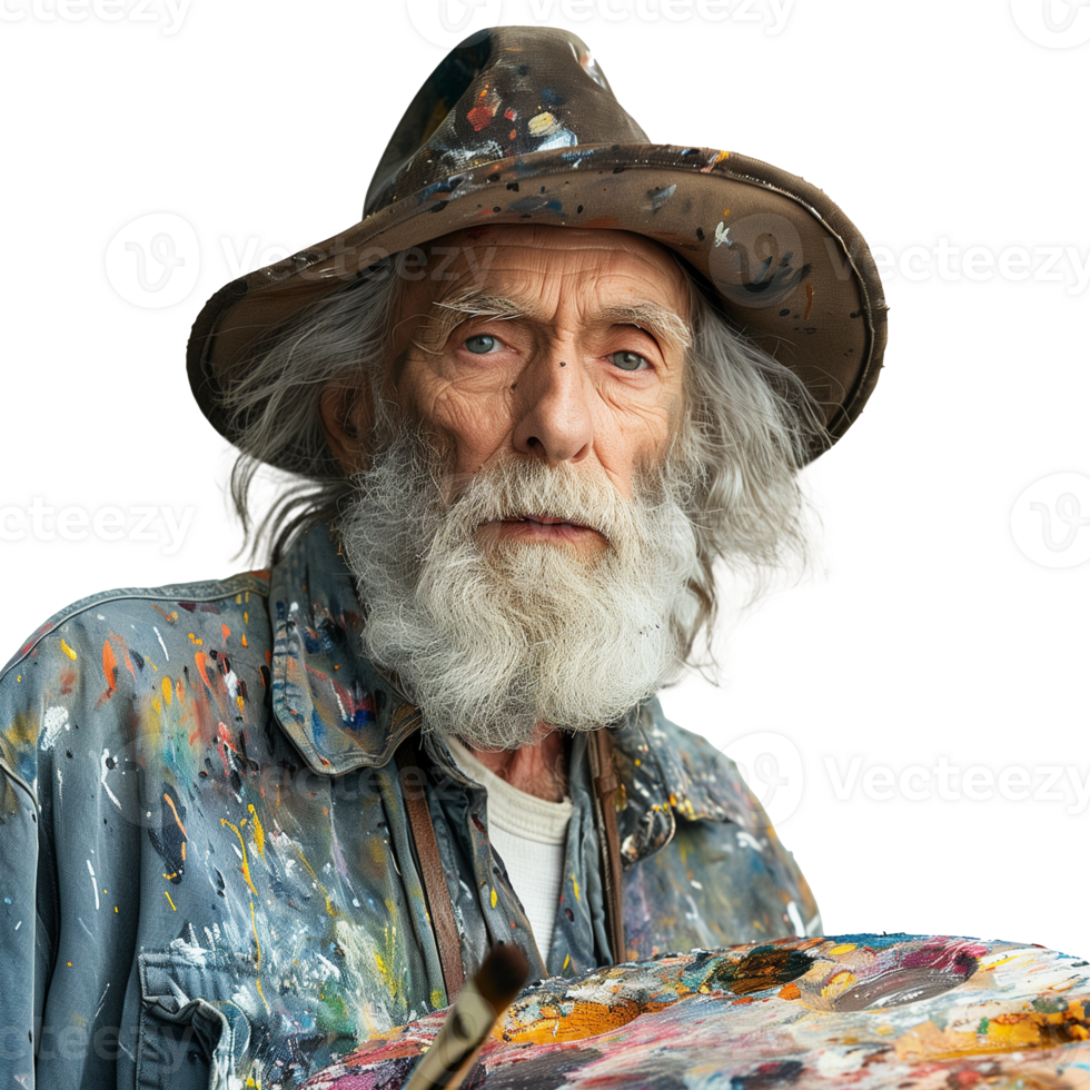 Elderly artist with a colorful palette and paint-splattered hat png