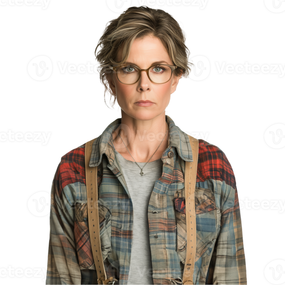 Confident mature woman with stylish glasses and plaid shirt png