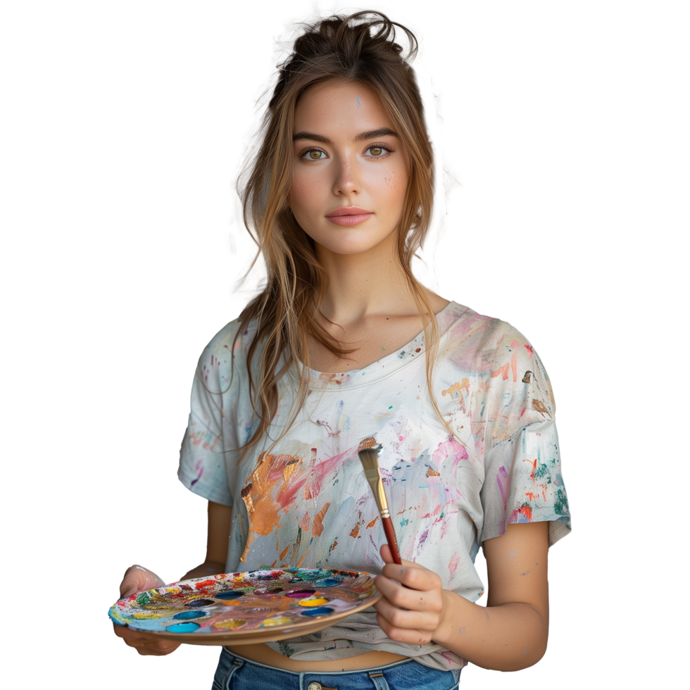 Young female artist holding a colorful paint palette png