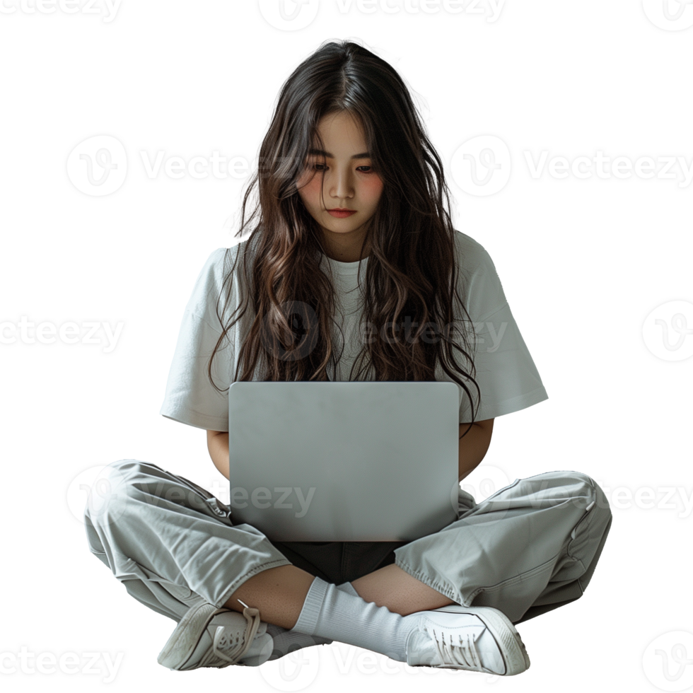 Young woman sitting cross-legged using laptop on transparent background png