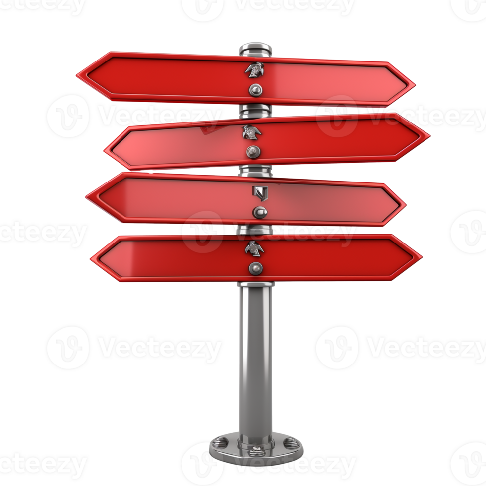 Red directional signs on a metal pole with a transparent background png