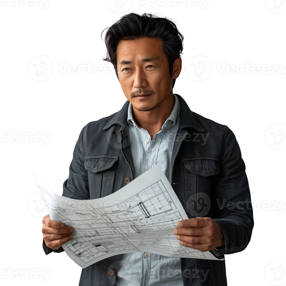 Asian architect reviewing blueprints, transparent background png