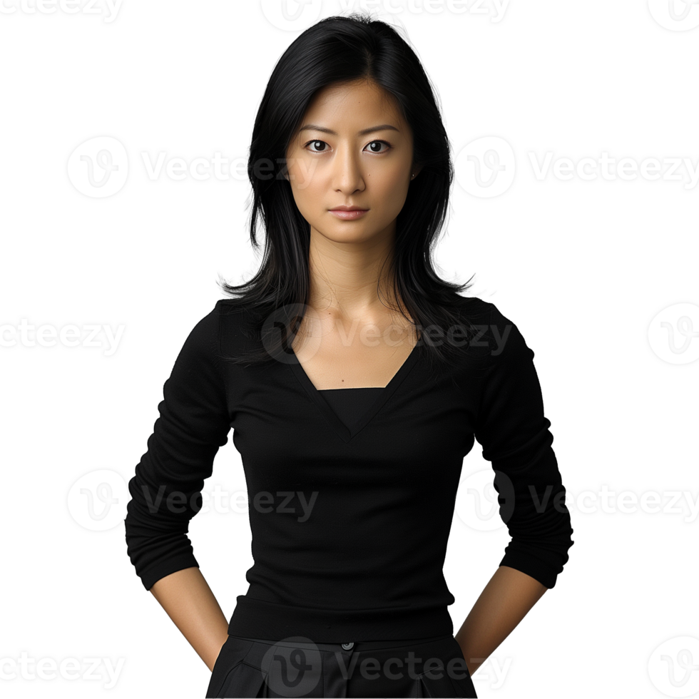 Confident young Asian woman with a sleek black outfit png