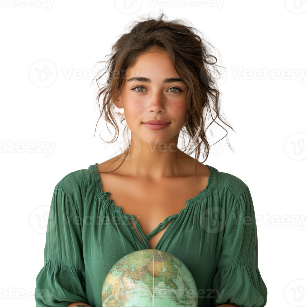 Young woman with a globe on a transparent background png