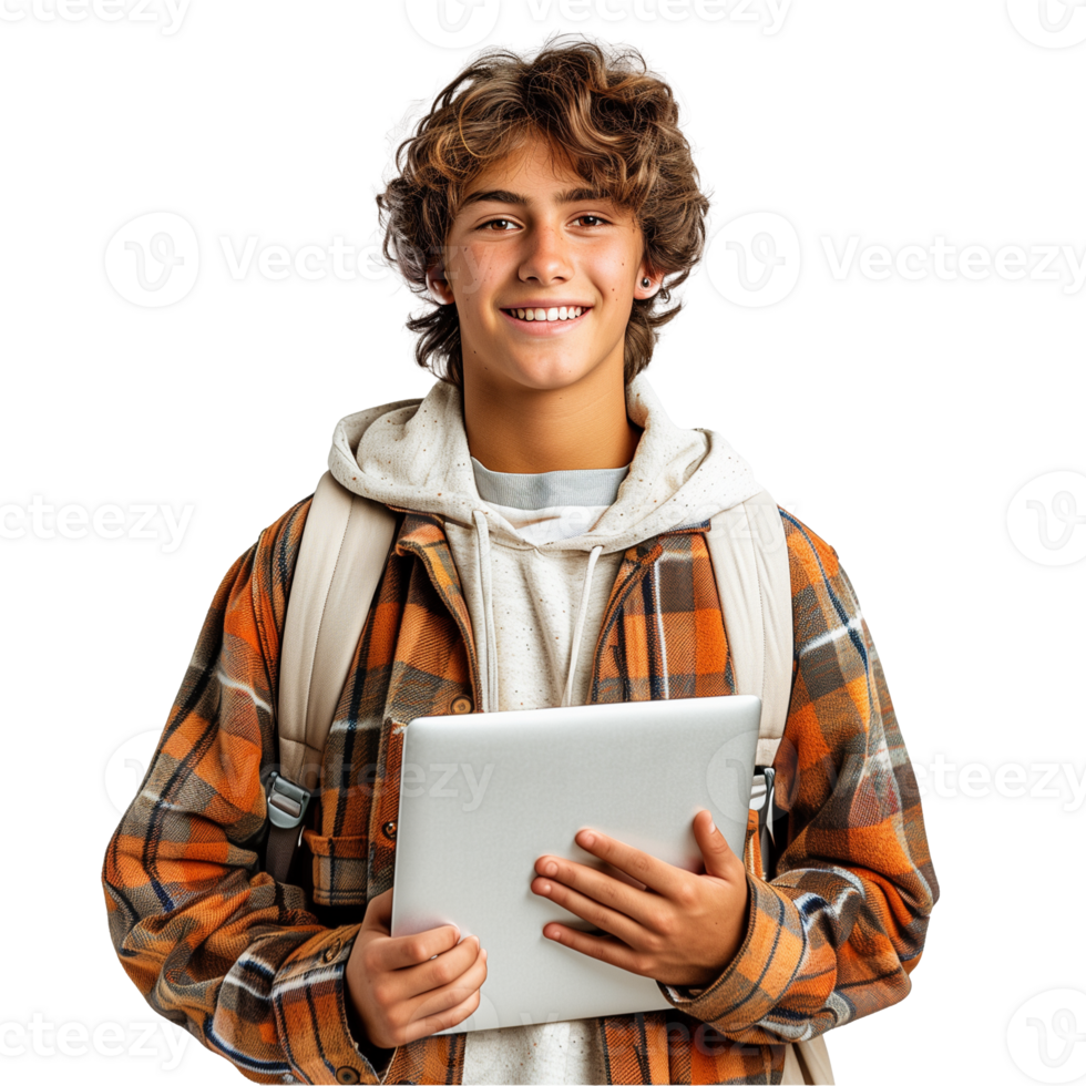 Smiling teenage boy with laptop standing isolated on transparent png