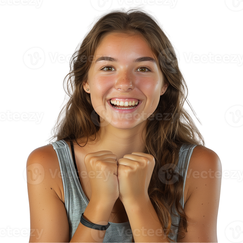 Jeune femme avec une gros sourire exprimer joyeux excitation png