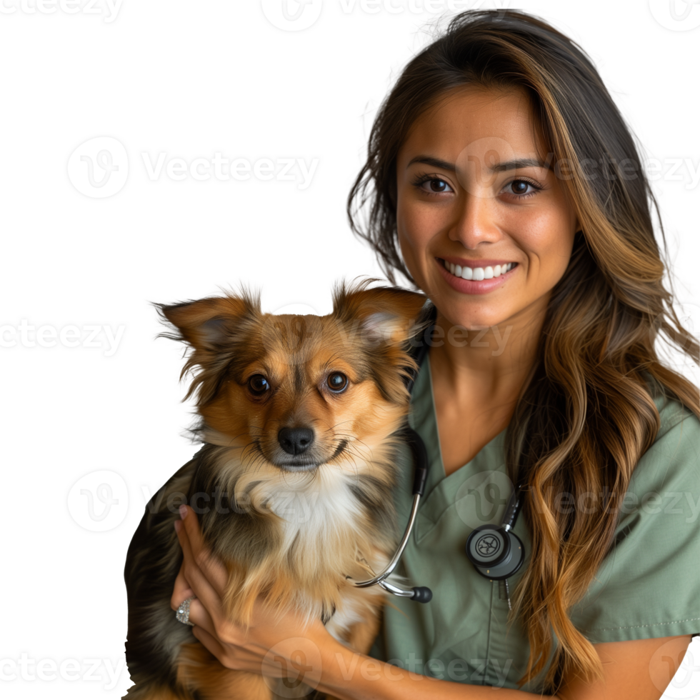 Smiling veterinarian holding a cute dog on a transparent background png