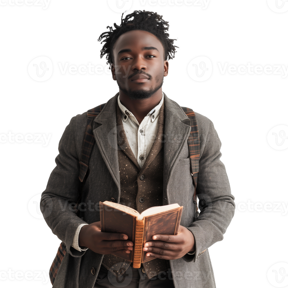 Confident young man with a book on a transparent background png