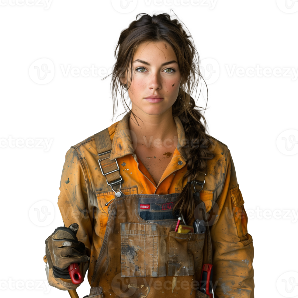 Confident female worker in dirty overalls on transparent background png