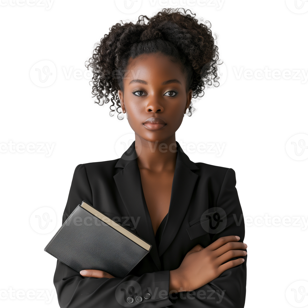Confident young businesswoman with notebook on transparent background png