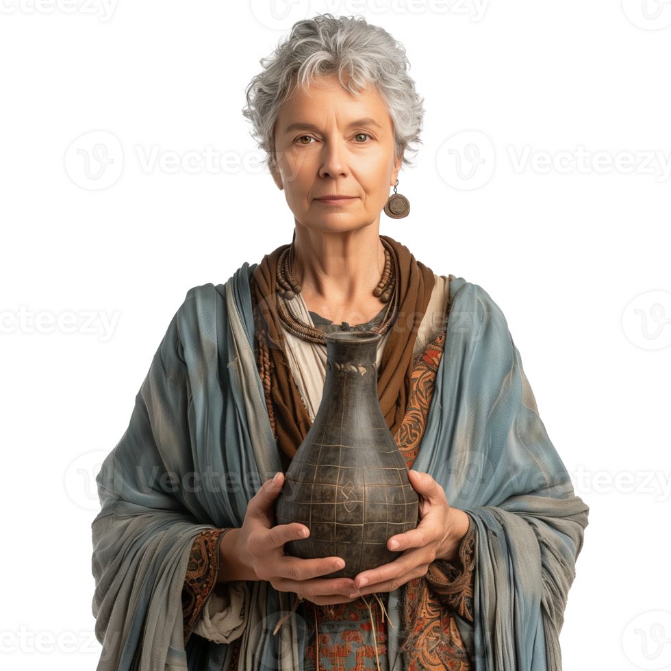 Elderly woman in historical costume holding ancient vase png