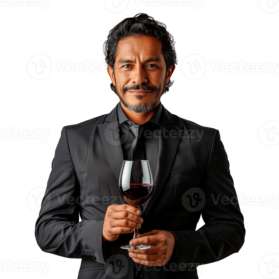 elegant Mens in zwart pak Holding een glas van rood wijn png