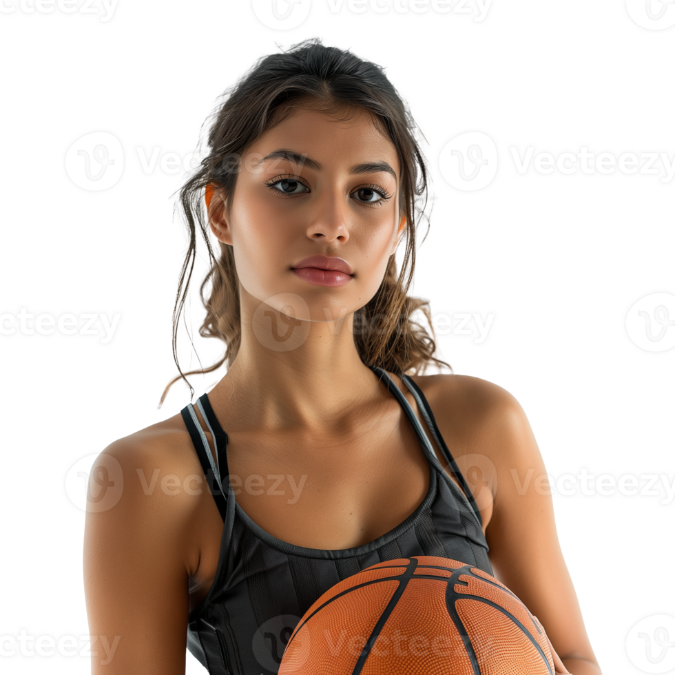 Young female athlete holding a basketball on a transparent background png