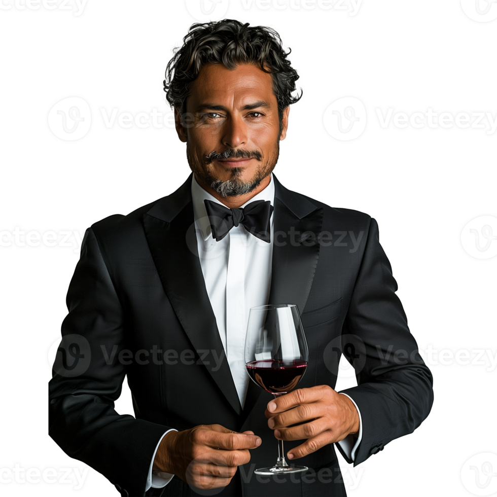 Handsome man in tuxedo holding a glass of red wine png