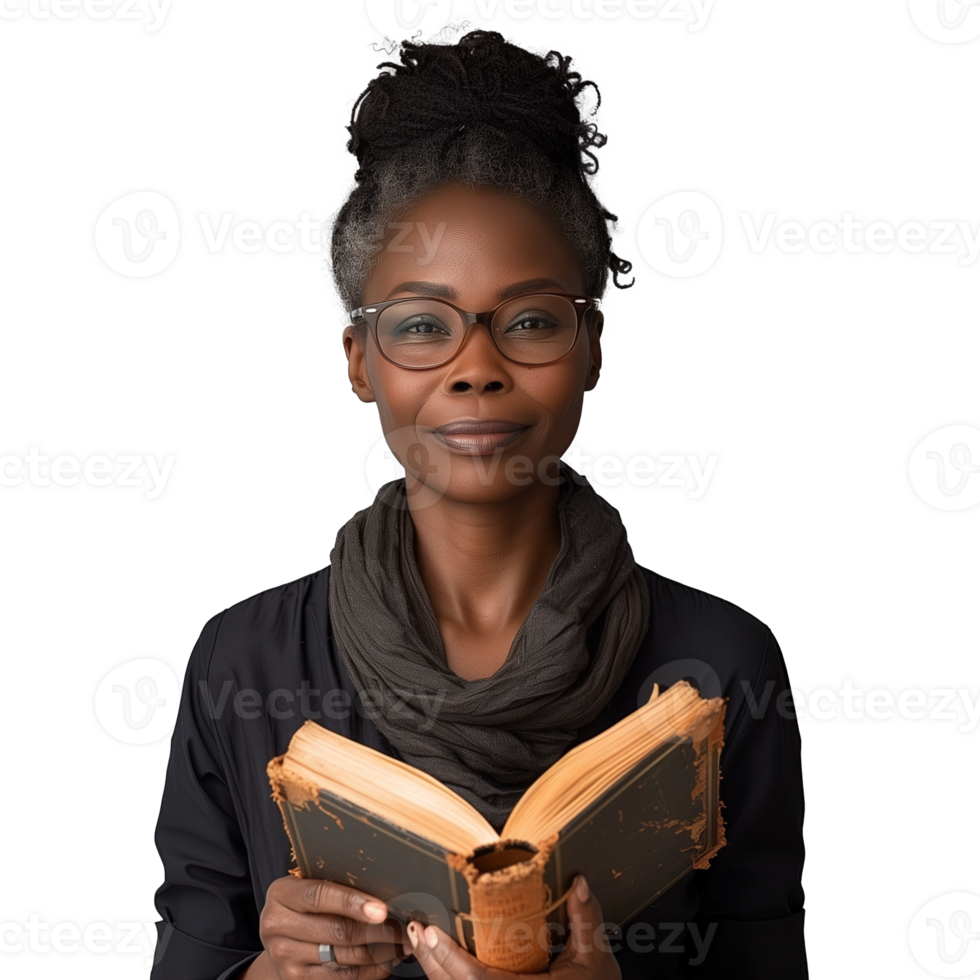 zuversichtlich afrikanisch amerikanisch Frau lesen ein alt Buch png