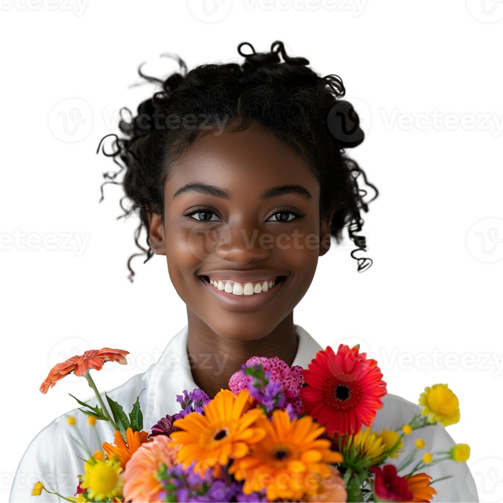 Young woman with a vibrant bouquet of colorful flowers png