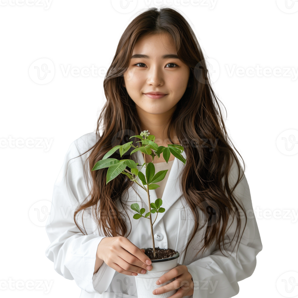 Young woman in white coat holding a green potted plant png