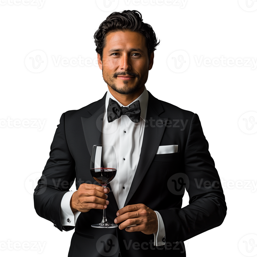 Elegant man in tuxedo holding a glass of red wine png