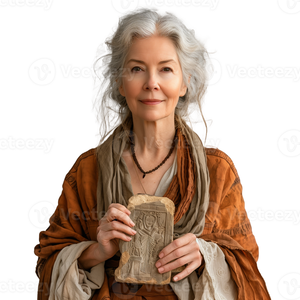 Elegant elderly woman holding ancient artifact with grace png