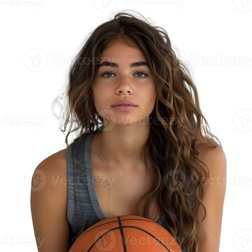 Young female athlete posing with basketball on transparent background png