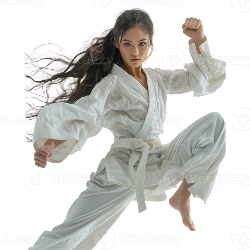 Young female martial artist performing karate on transparent background png