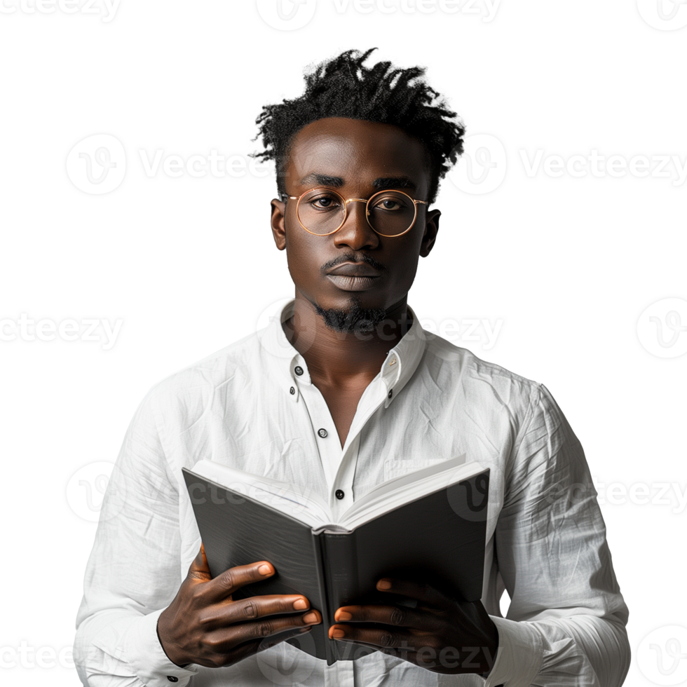 Serious young man with glasses reading a book on transparent background png