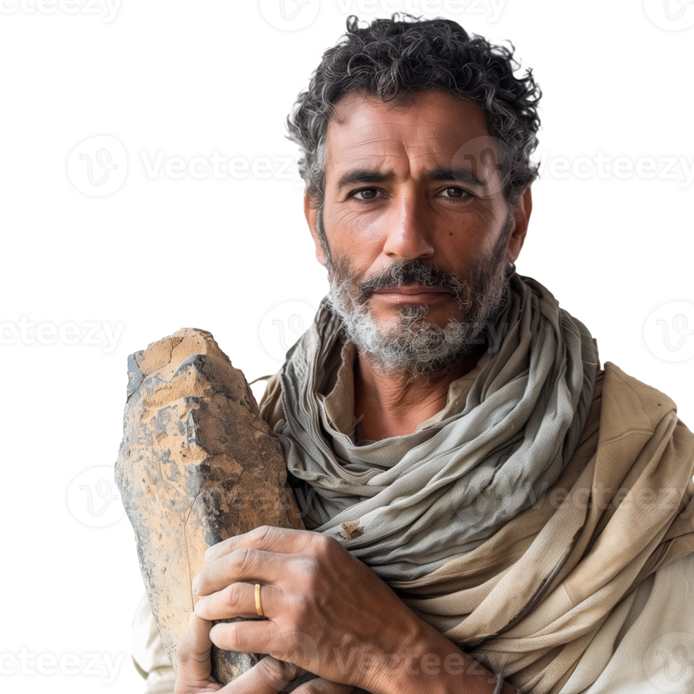 Mature man holding a large stone on a transparent background png