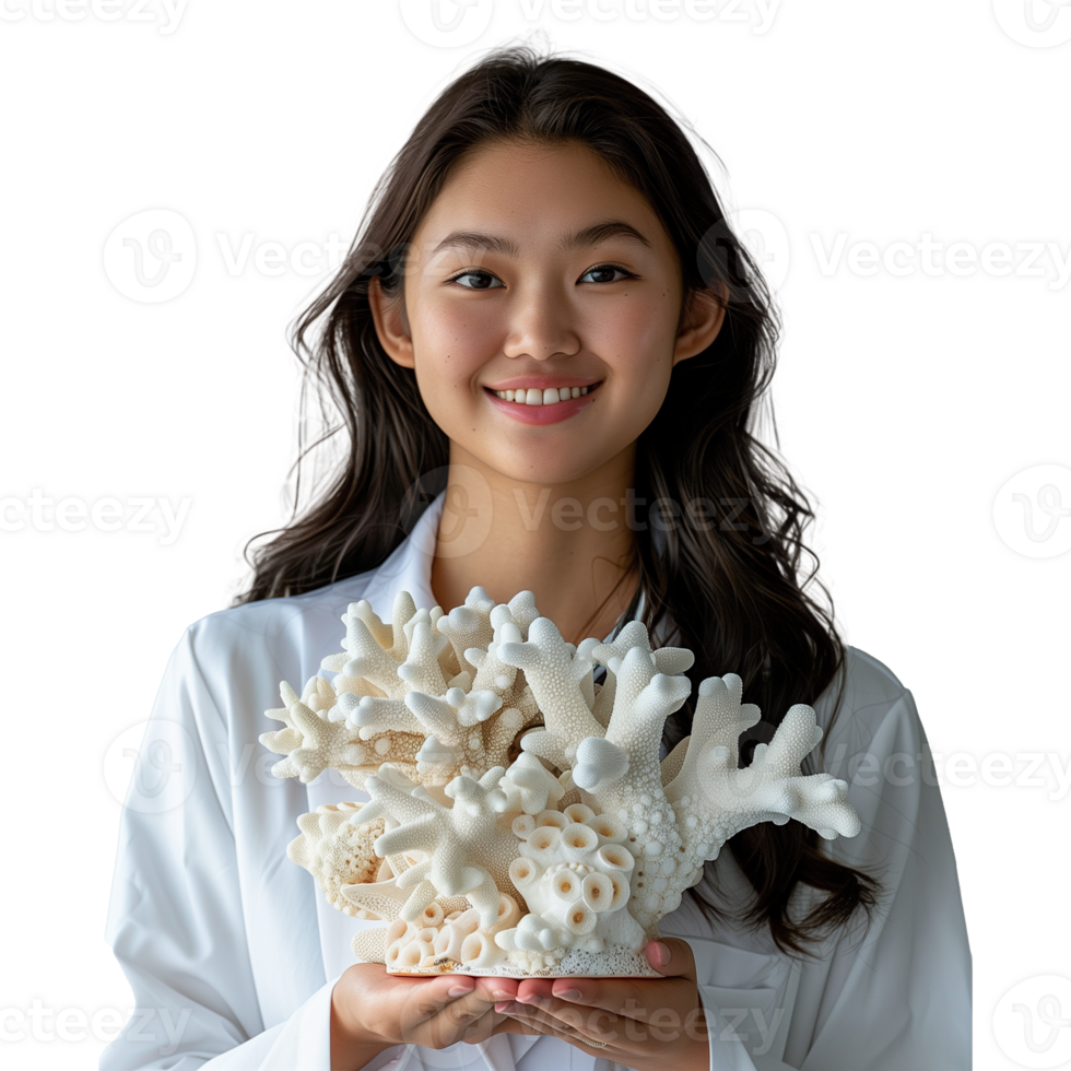 Young woman presenting beautiful coral with a smile png