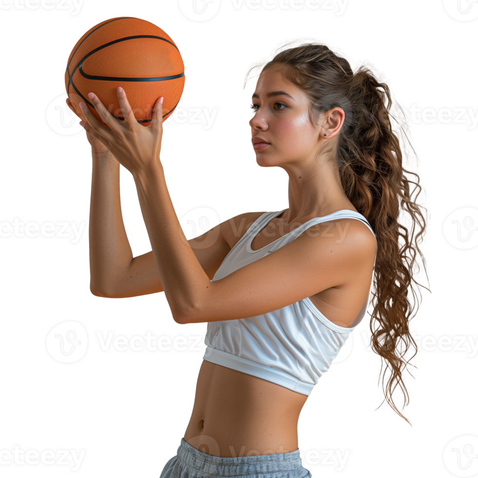 Young woman practicing basketball skills on transparent background png