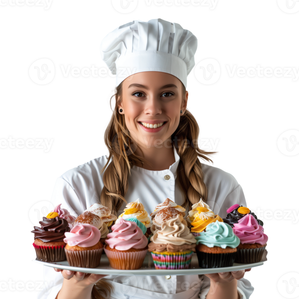 glimlachen vrouw chef presenteren kleurrijk cupcakes Aan een schotel png