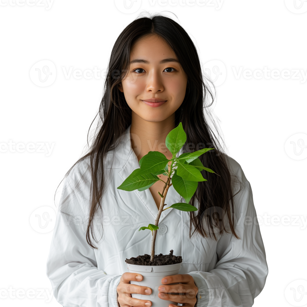 Young woman smiling and holding a potted plant png