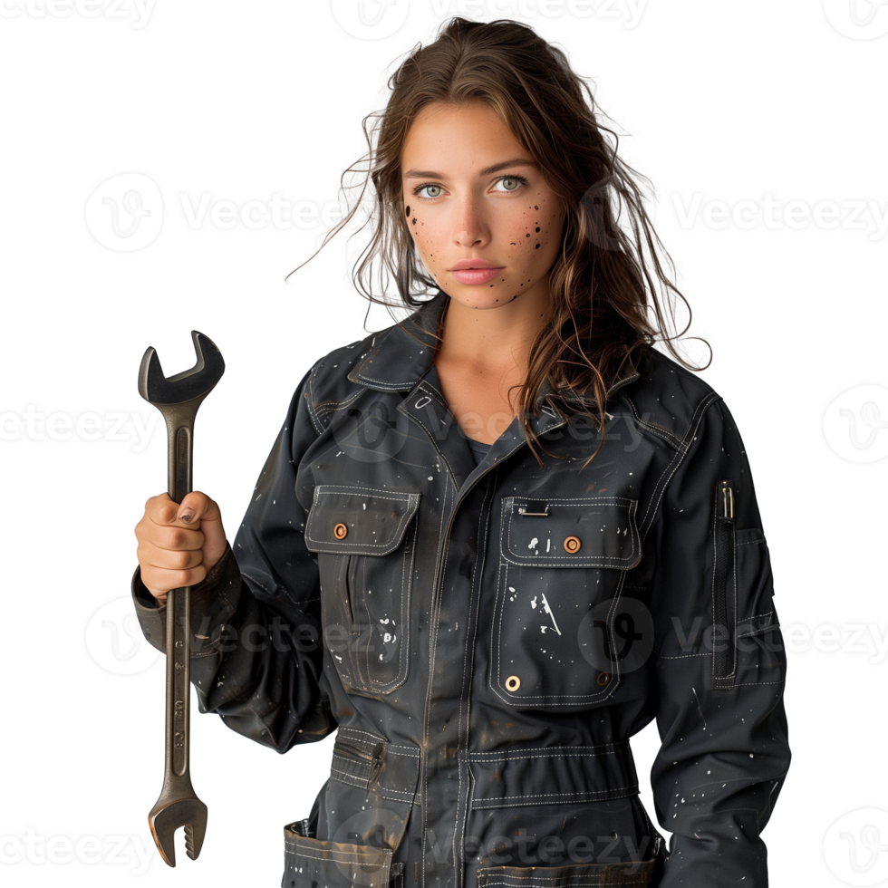 Confident woman mechanic holding a wrench on transparent background png