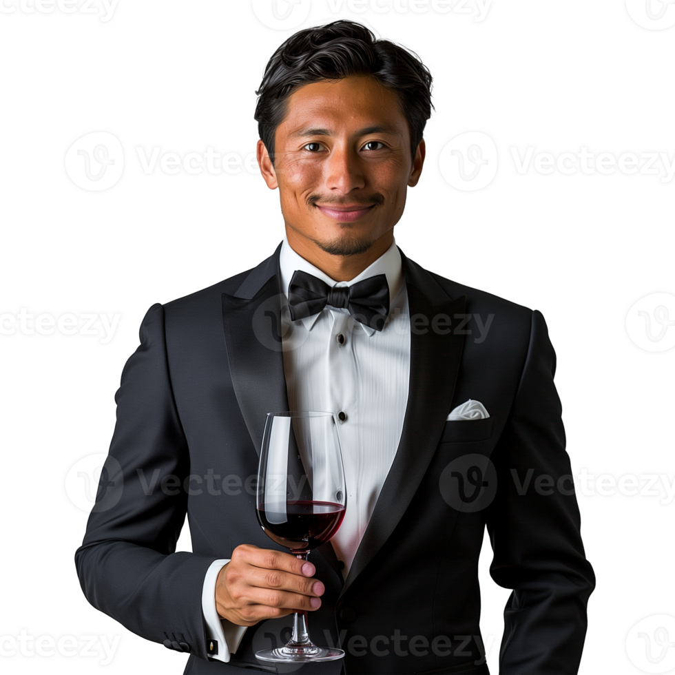 elegante hombre en smoking participación un vaso de rojo vino png