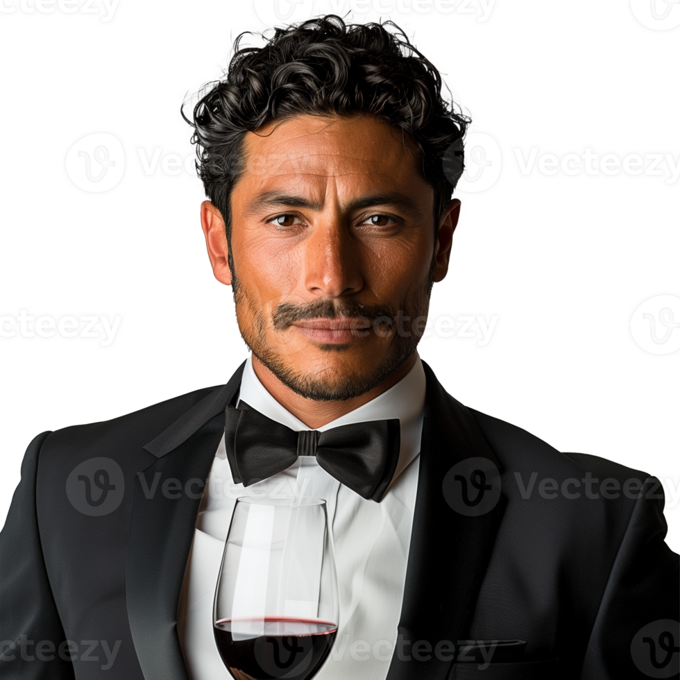 Elegant man in tuxedo holding a glass of red wine png
