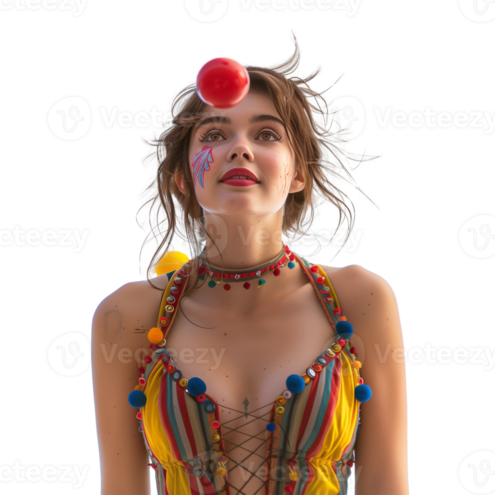 Young woman balancing red nose in vibrant circus outfit png