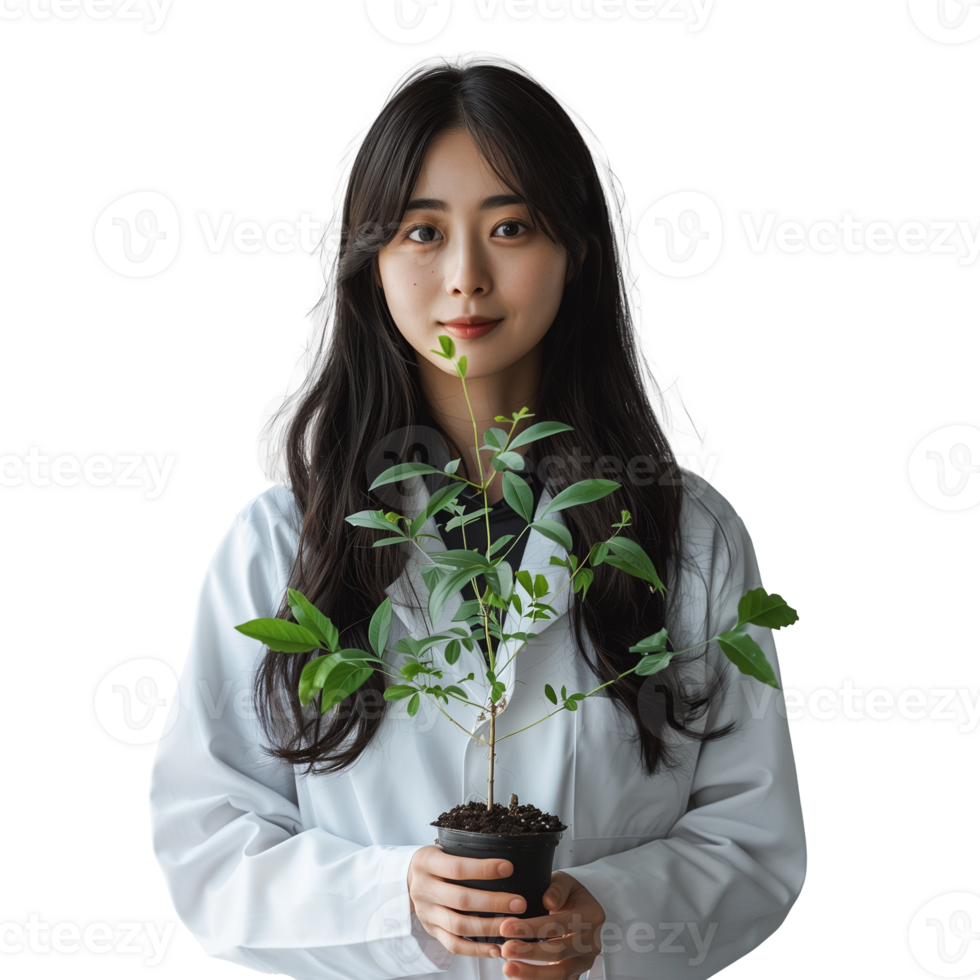 Young woman holding a potted plant on a transparent background png