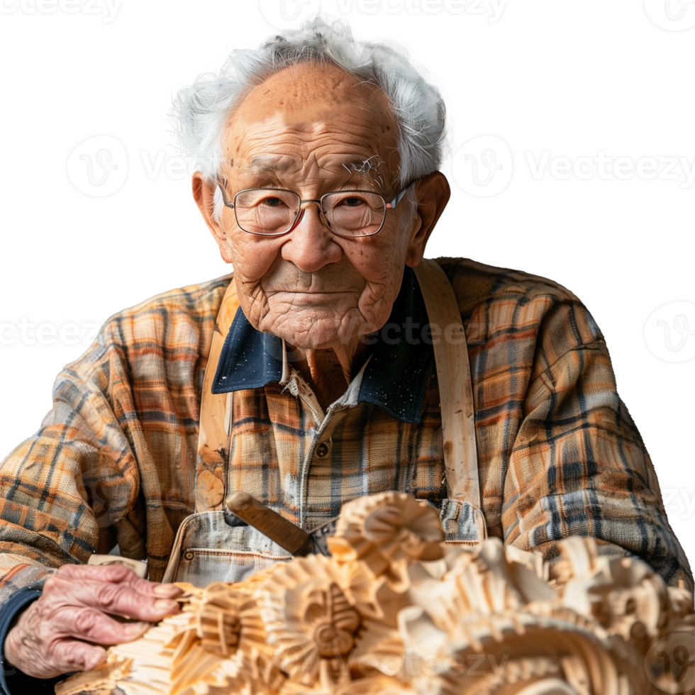 Elderly craftsman creating intricate wood carvings in his workshop png
