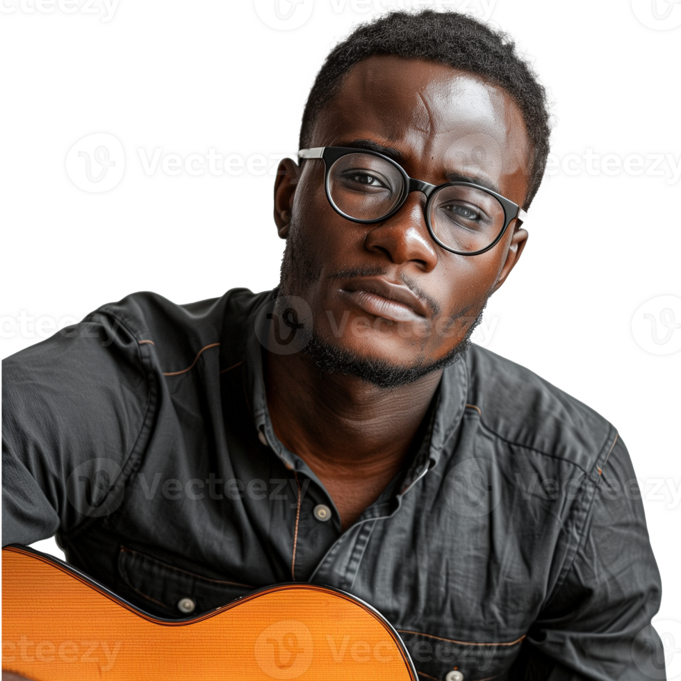 Serious young man holding a guitar on a transparent background png