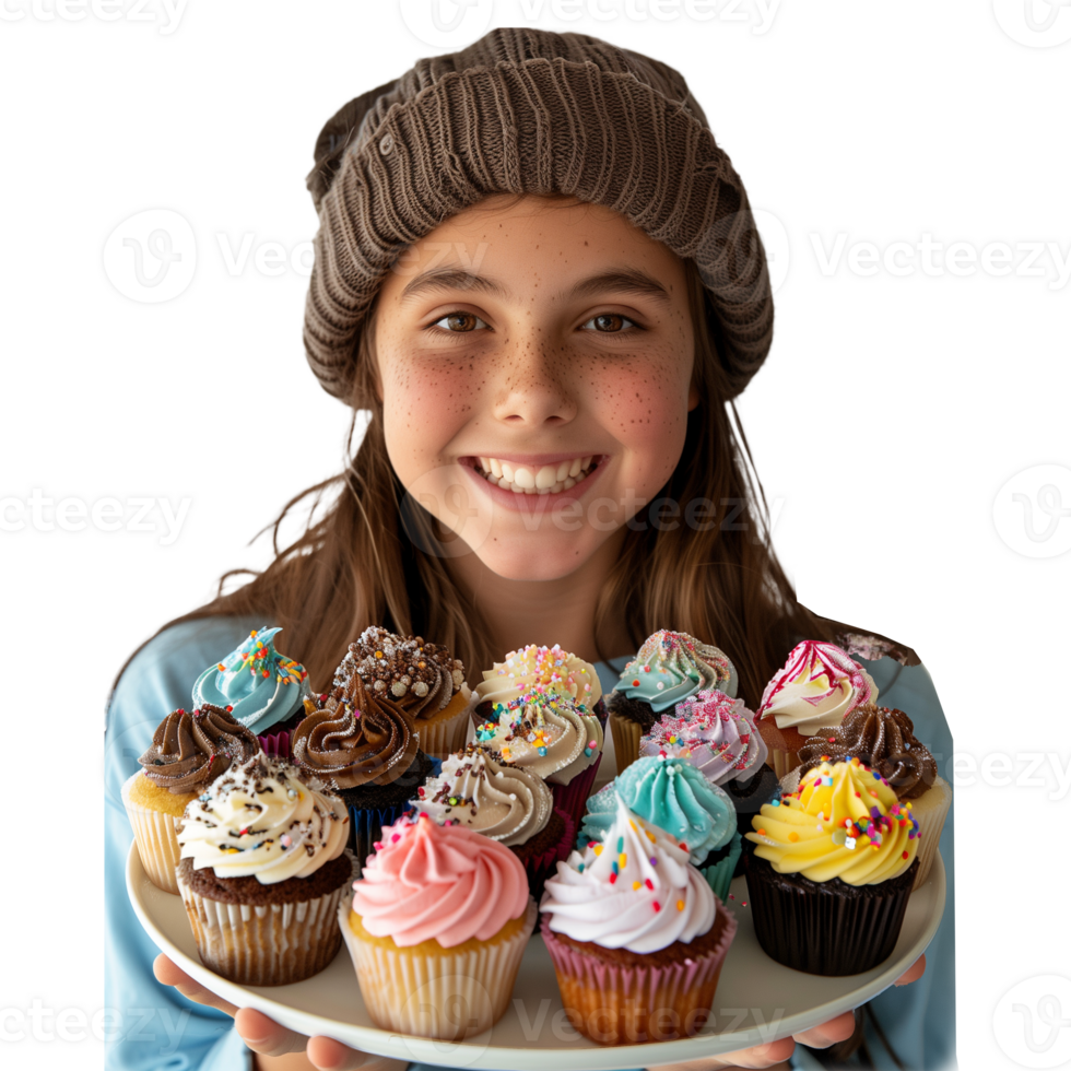 gelukkig jong meisje presenteren een selectie van kleurrijk cupcakes png