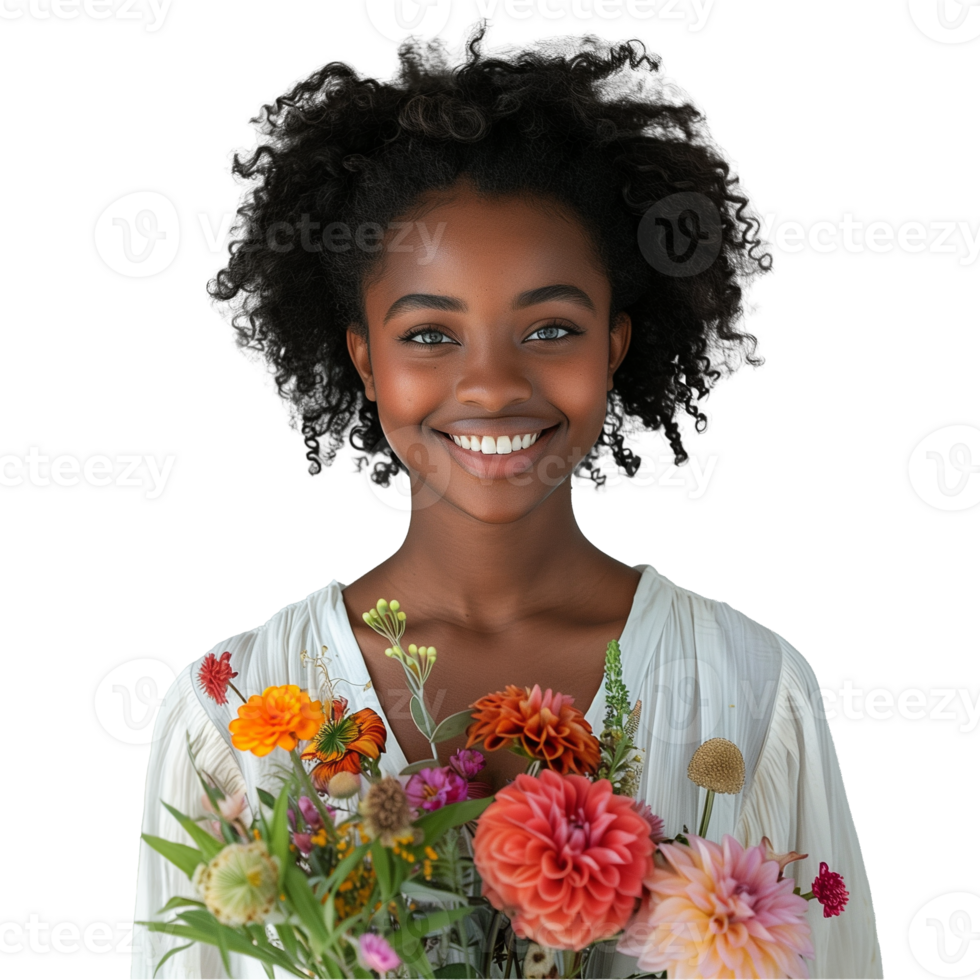 souriant Jeune femme avec bouquet de coloré fleurs png