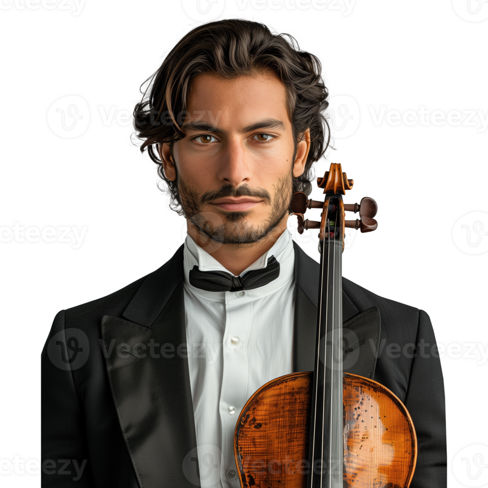 Elegant male musician holding a classic violin on transparent background png