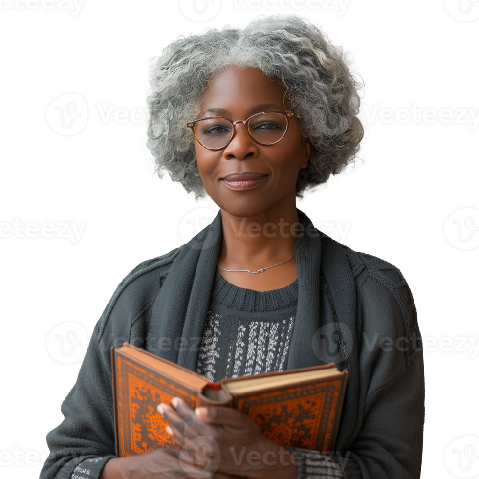 zelfverzekerd senior vrouw Holding een boek Aan transparant achtergrond png