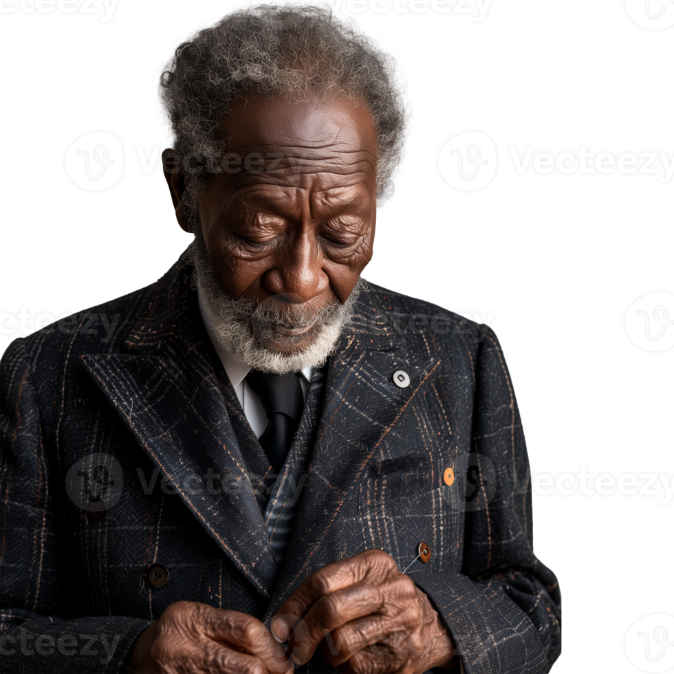 Elderly black man deep in thought in stylish suit, isolated png