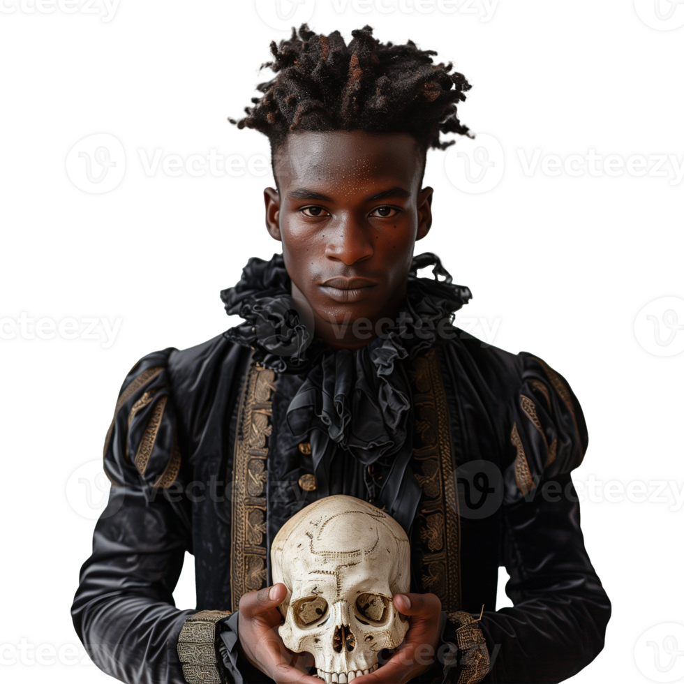 Man in vintage outfit holding a decorated skull, dramatic expression png