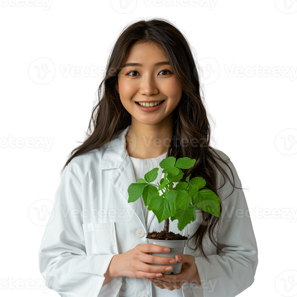 Smiling woman scientist holding green plant in laboratory png