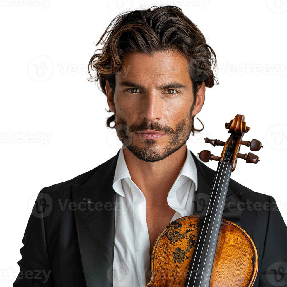 Stylish male musician holding a classic violin png